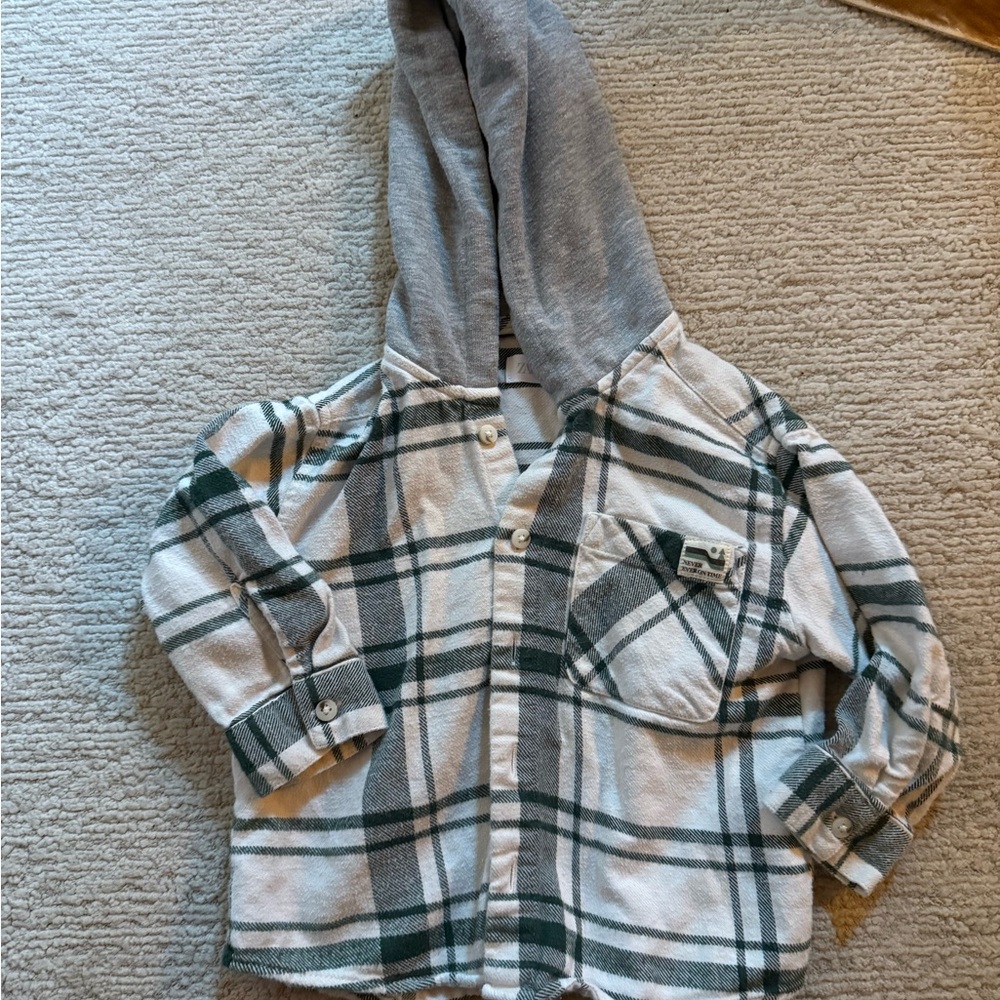 Zara Plaid Green and Gray Kids Shirt with Hood